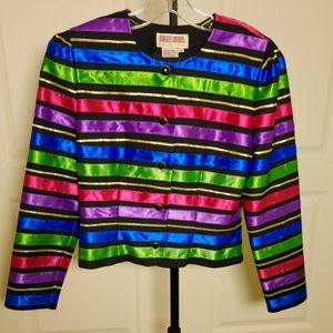 Maggy London Fabulous Red/Blue/Green/Purple/Black & Gold Striped Jacket, Size 6P
